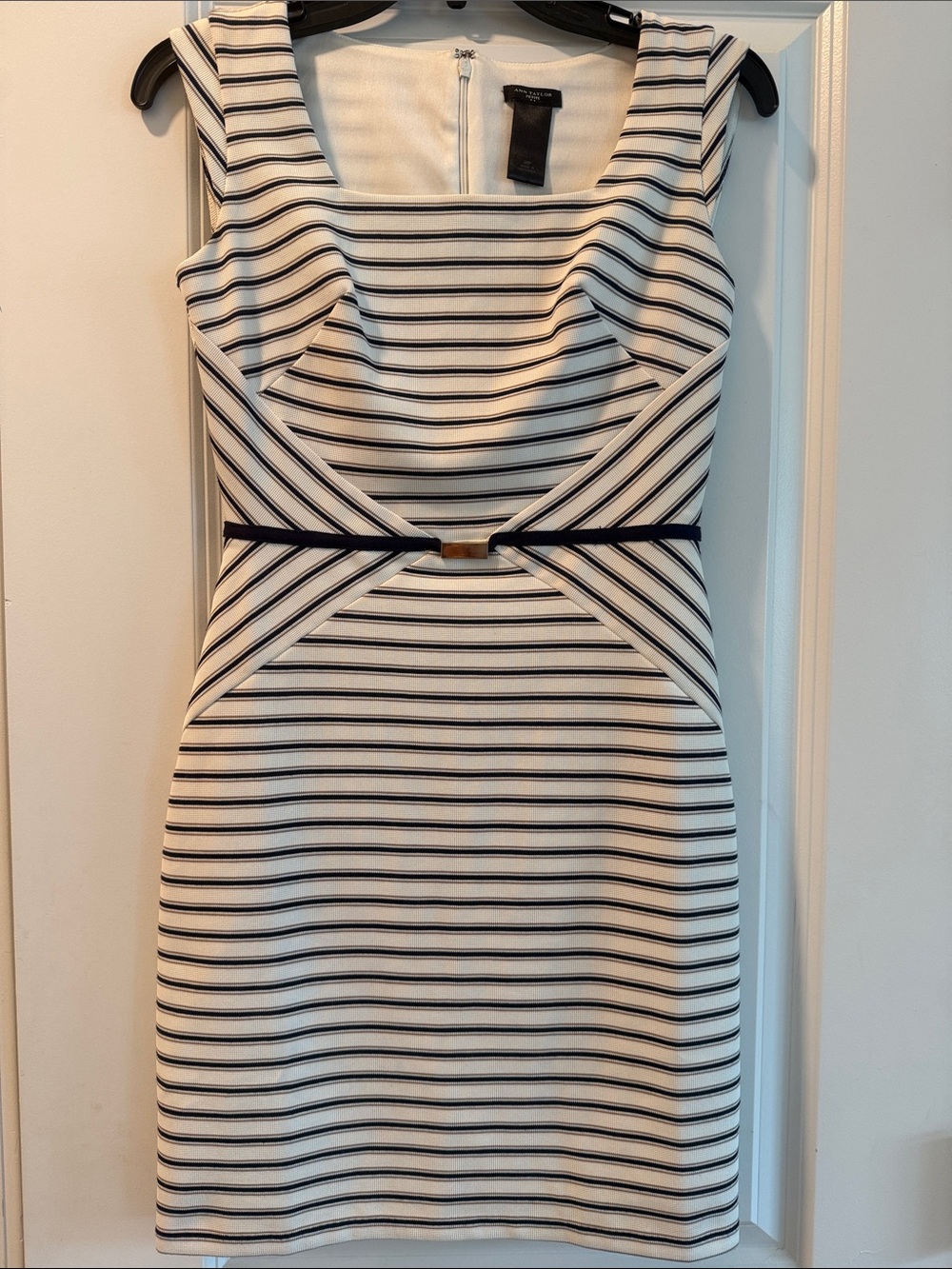 Ann Taylor White and Navy Striped Sheath Dress